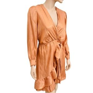 Orden Italy 🇮🇹 Satin Wrap Dress in Warm Copper Long Sleeve Ruffle Hem Tie Waist